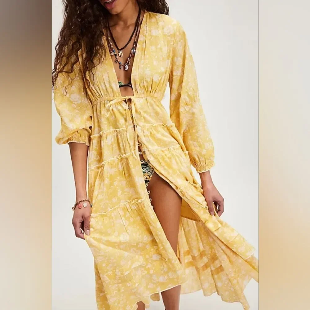 Free People Pappiet Floral Midi Dress Yellow Floral High Low Size XSmall